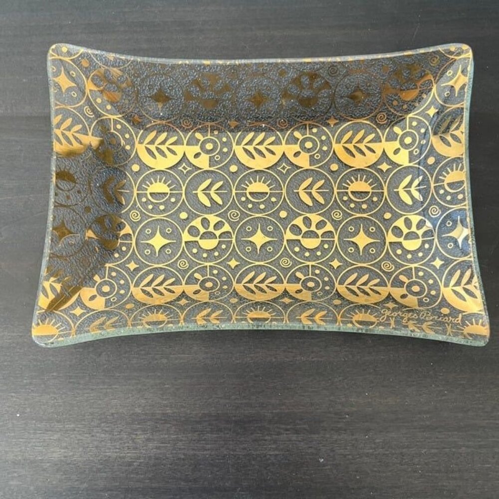 Vintage Georges Briard Rectangular Glass Tray // Gold Design // Pebble Texture
